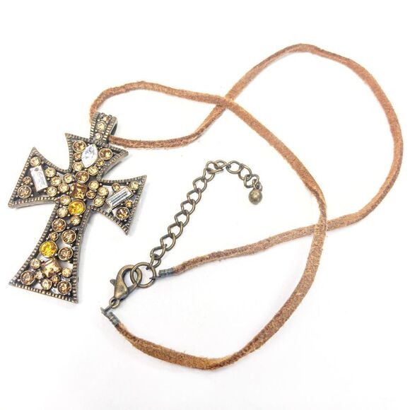 Amber/Citrine Tone Encrusted Holy Cross Pendant Leather Necklace - Picture 5 of 7